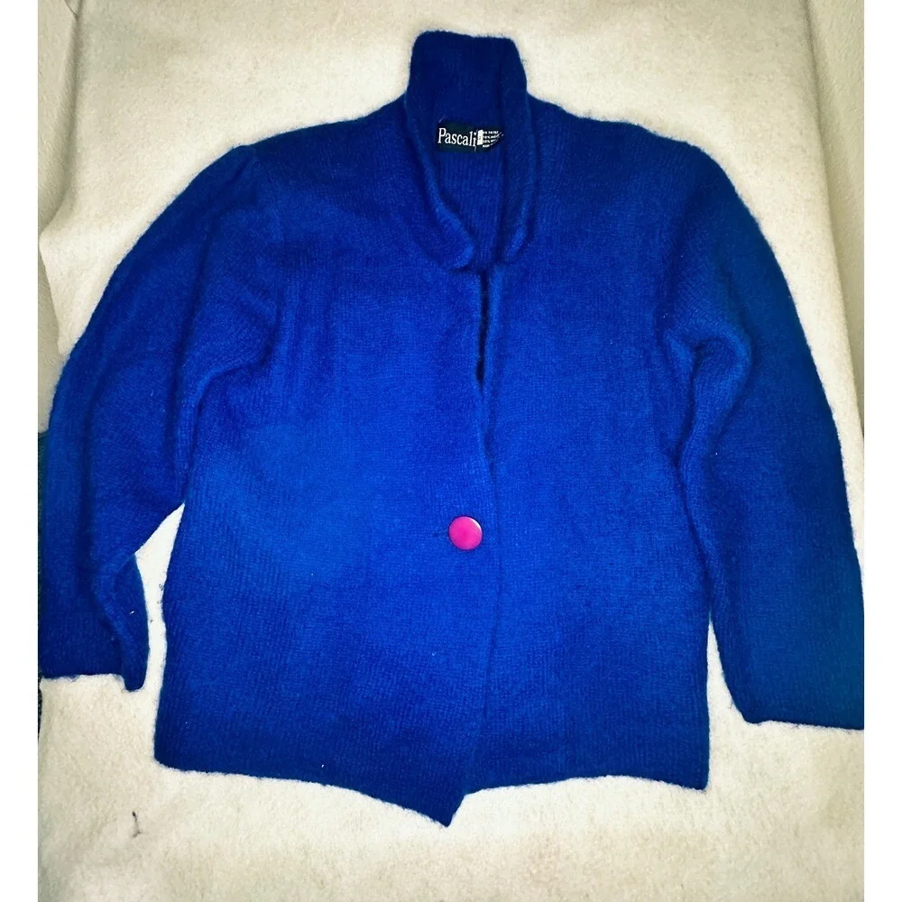 Pascali Mohair Blend Cardigan Electric Blue‎ Single Button Vintage Sweater Large - Picture 2 of 10